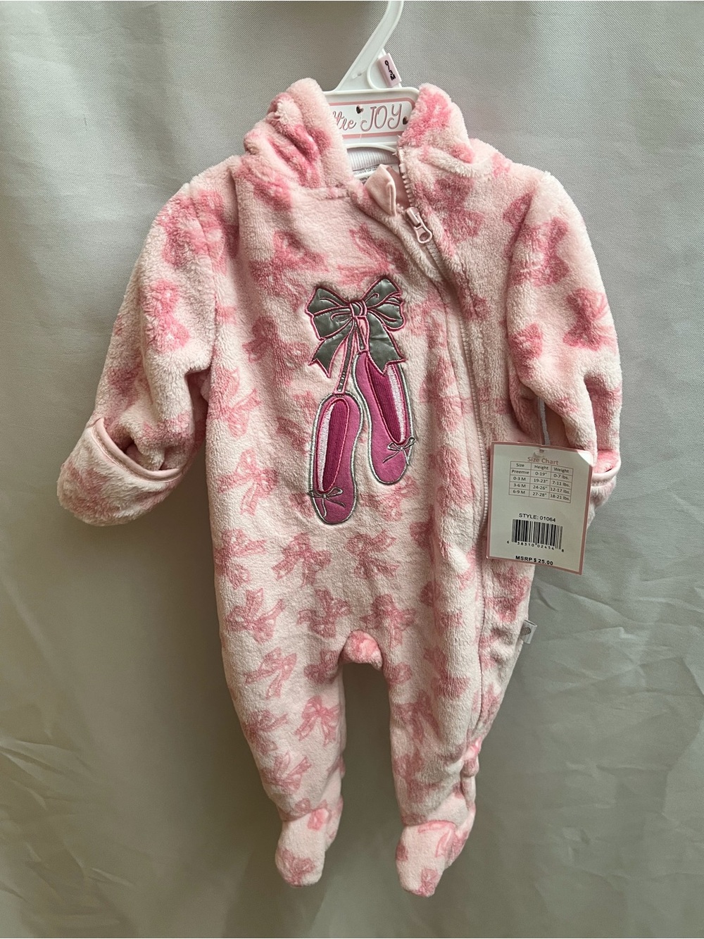 Little Joy Baby Girl 0-3M Pink Ballet Slipper Bow Fleece Footed Bunting